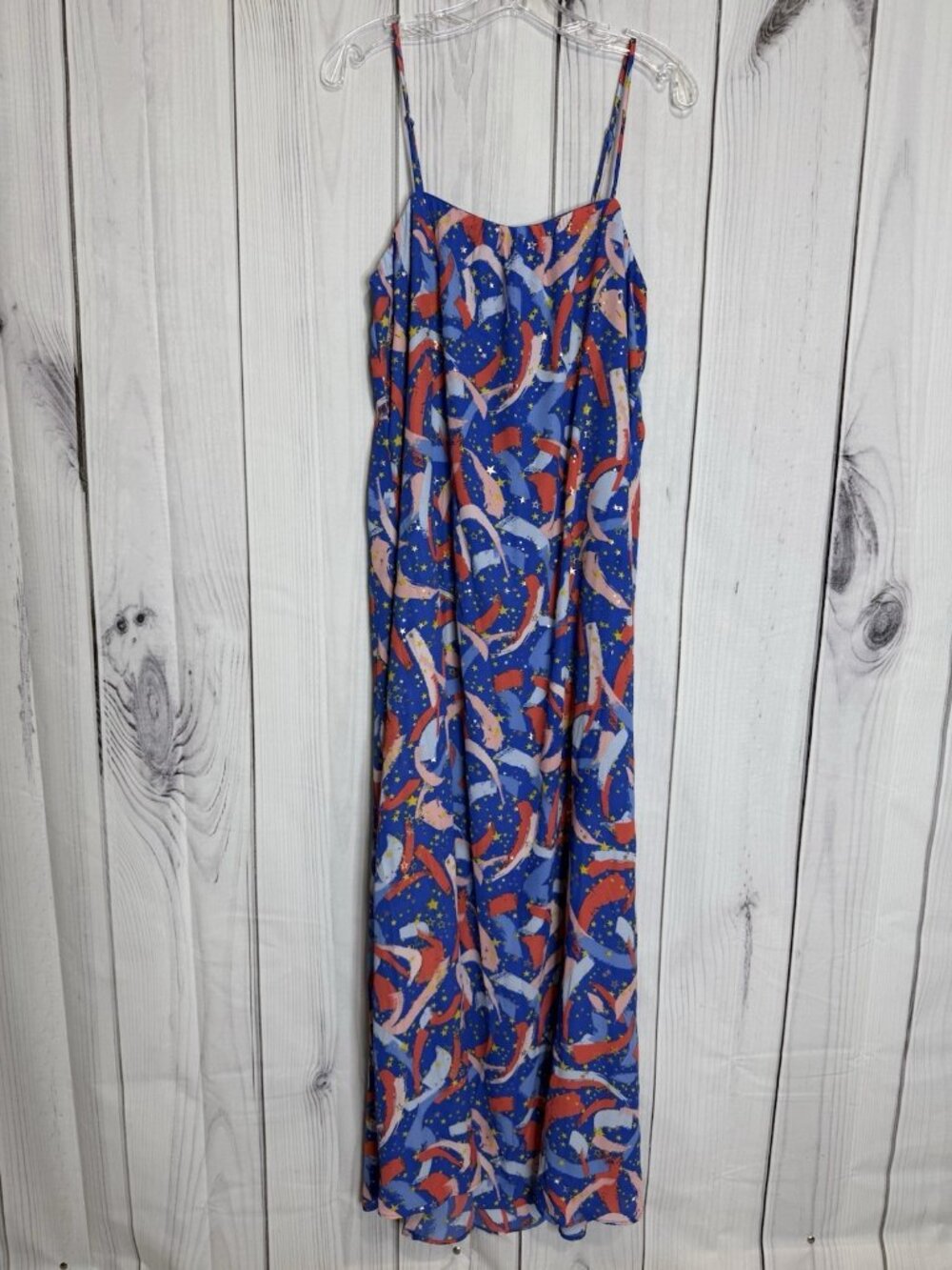 Buddy Love Sleeveless Maxi Dress Blue Red Pink Firework Print Sz L Adjustable